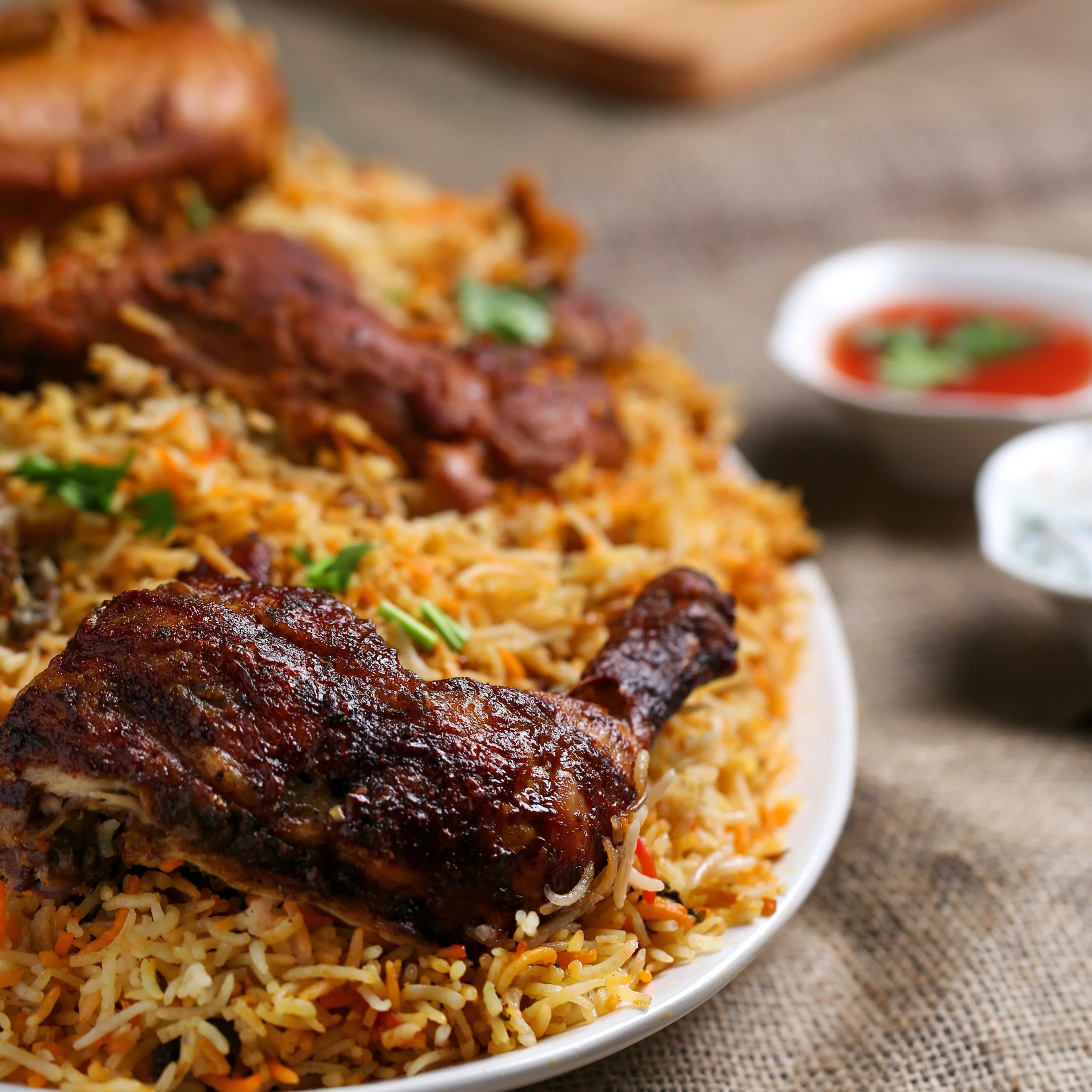 Delicious chicken biryani served with flavorful rice