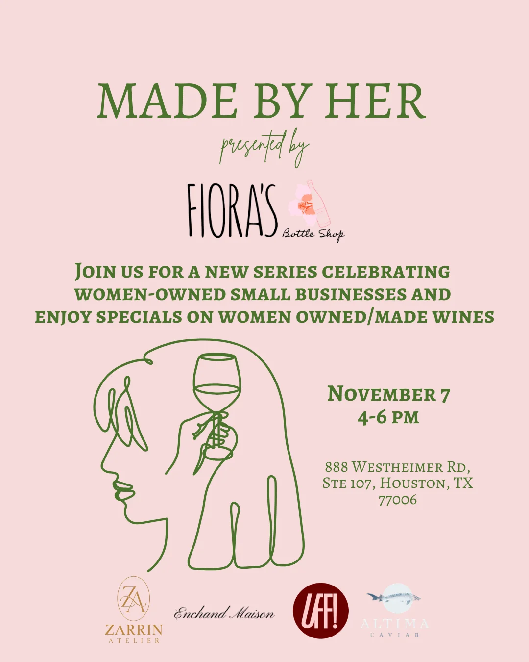 Restaurant event flyer celebrating women-owned businesses and wines in Houston