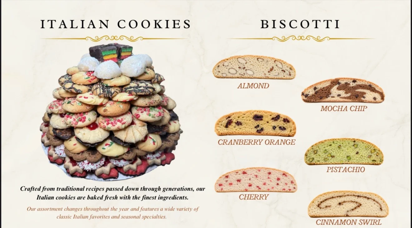 Assorted Italian cookies and biscotti on a decorative display