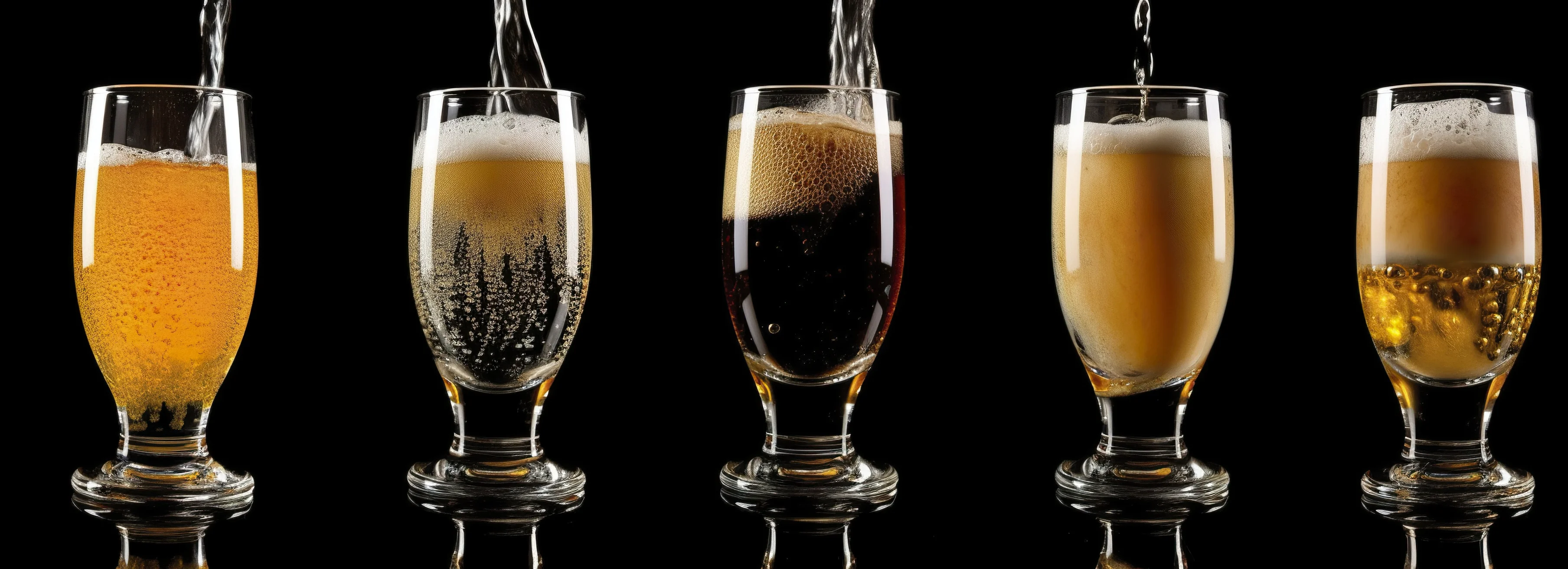 Variety of beers being poured into glasses