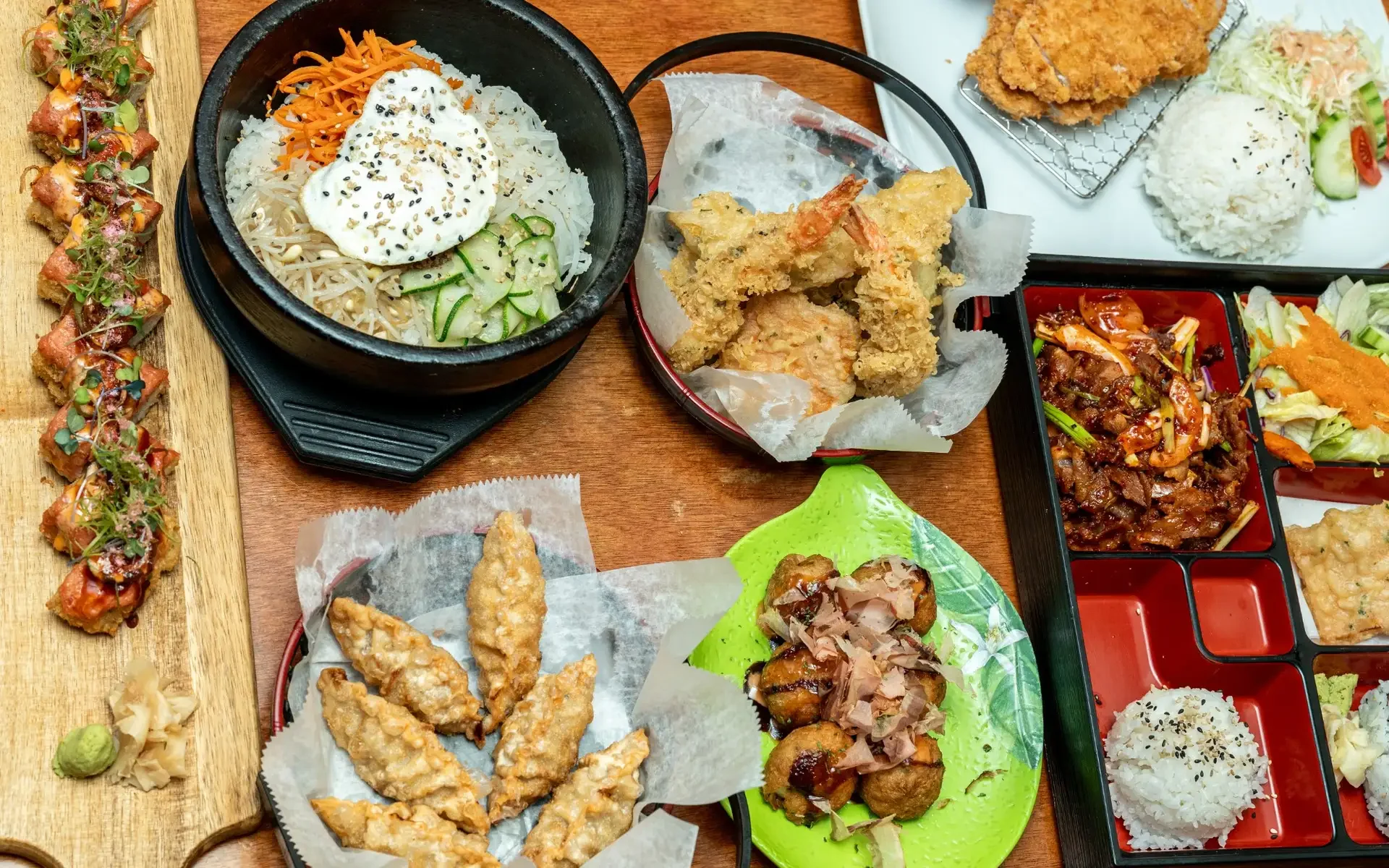 Japanese bento box with assorted dishes and tempura
