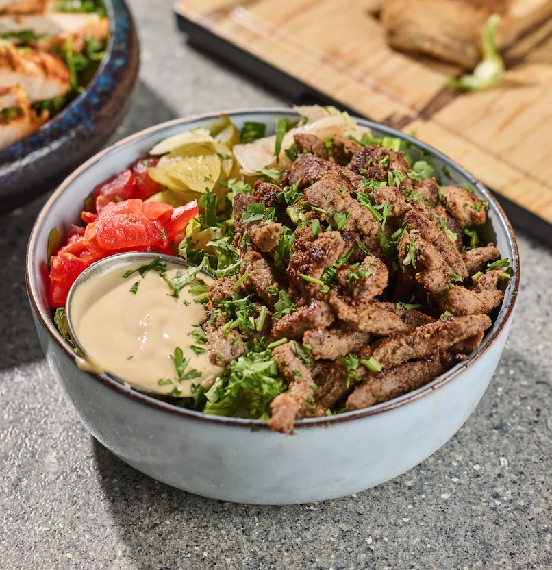A beef shawarma rice bowl loaded with flavors and protein.