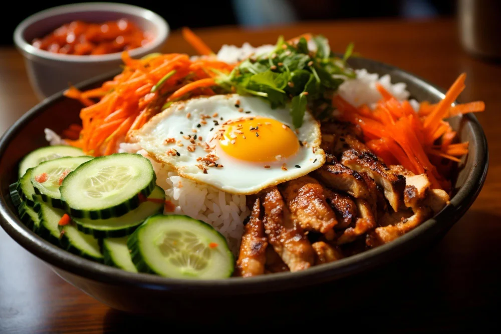 Korean bibimbap with grilled chicken and fried egg