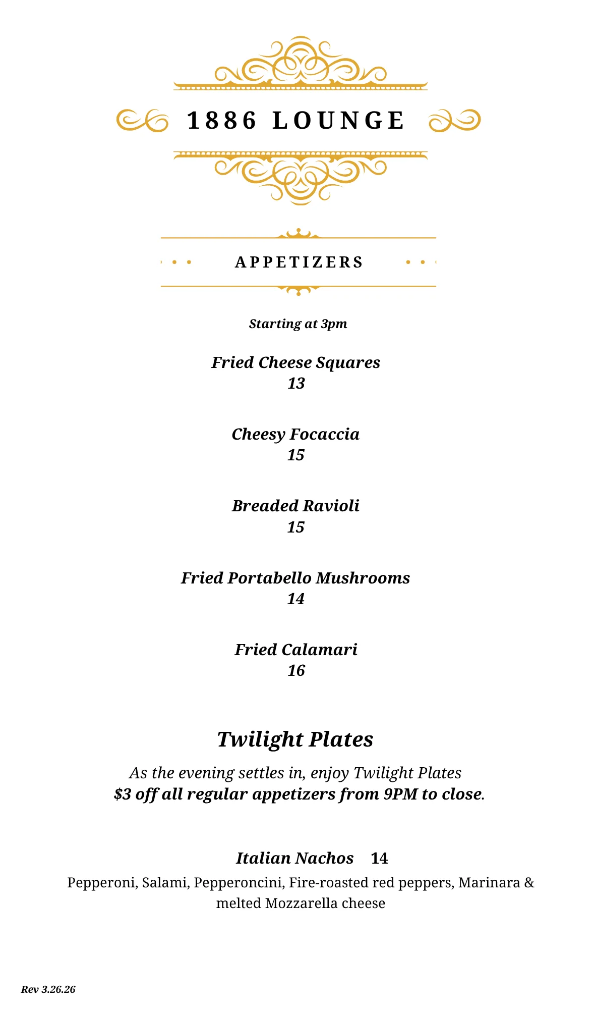 Delicious gourmet dishes served at 1886 Lounge