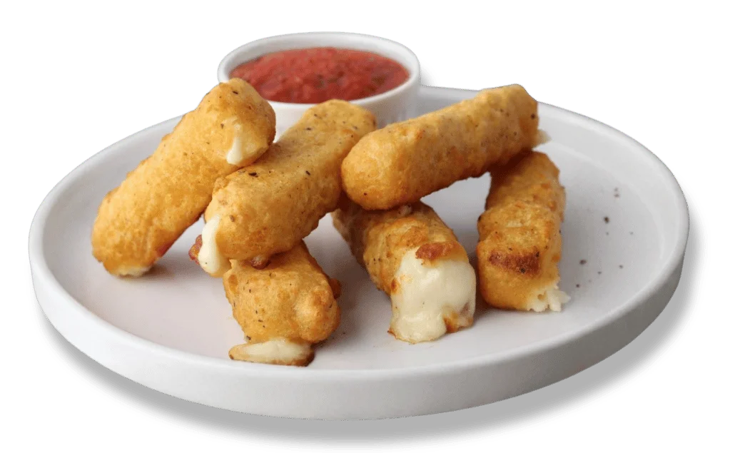 Plate of crispy mozzarella sticks with marinara sauce