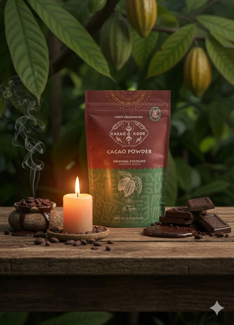 Colombian cacao powder with chocolate and candlelight