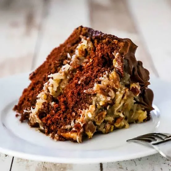 A slice of chocolate cake layered with coconut and pecan filling, topped with chocolate frosting, served on a white plate.