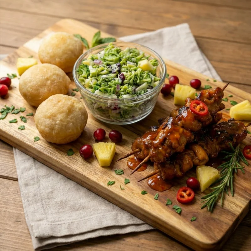 A wooden platter featuring skewered meat with sauce, accompanied by three round bread balls, a bowl of coleslaw, and garnished with fresh herbs and fruits.