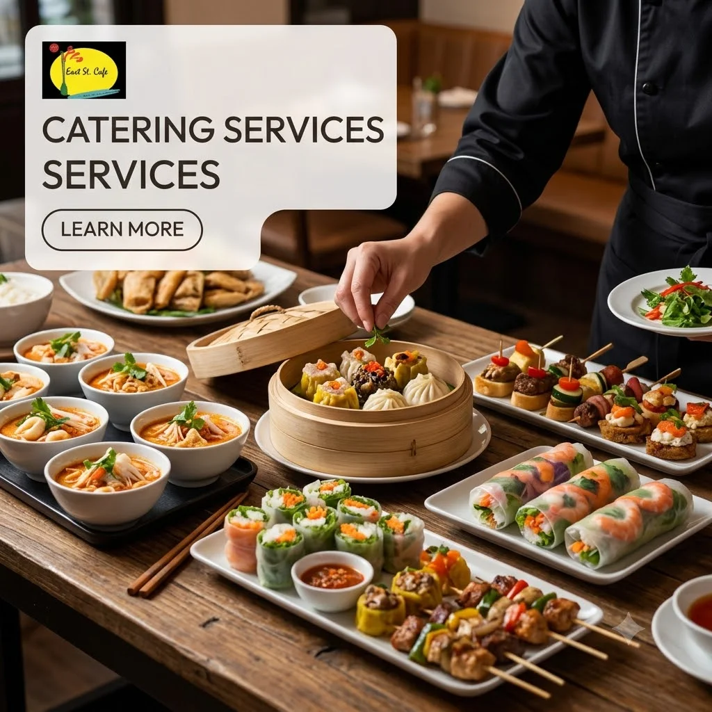 Assorted Asian catering dishes including sushi and dumplings