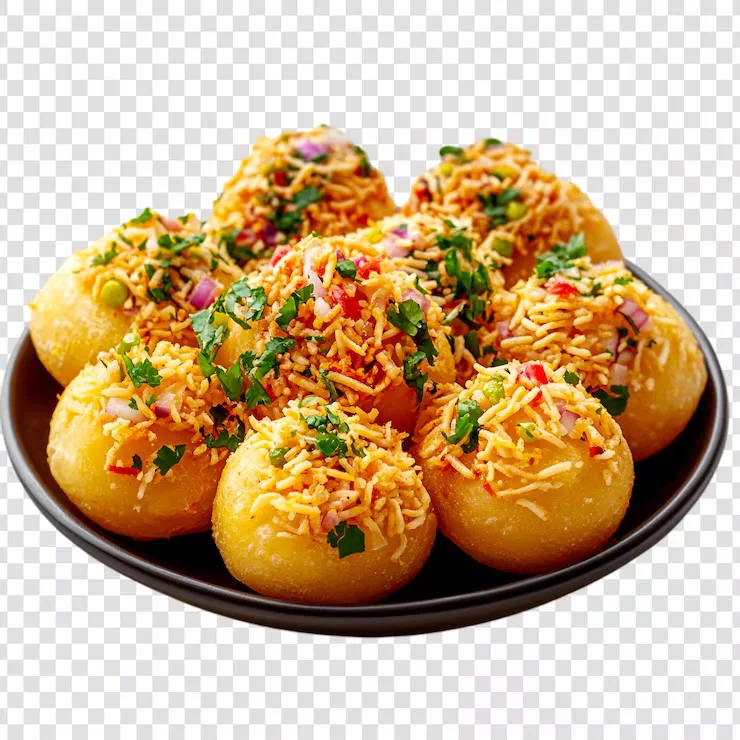A plate filled with colorful round snacks topped with crispy noodles, chopped onions, and cilantro, garnished with spices.