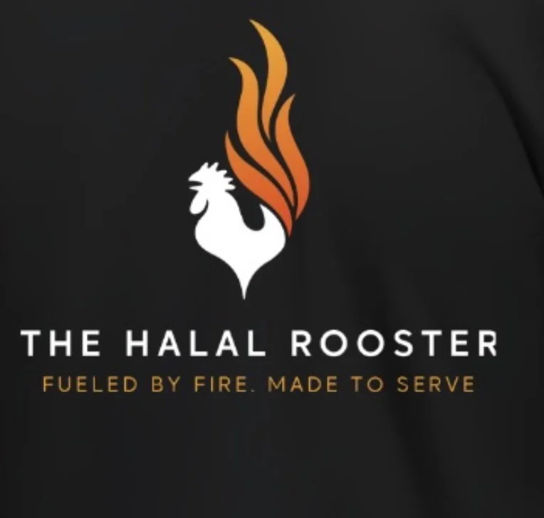 A simple logo featuring a rooster and flames, emphasizing a food service theme.