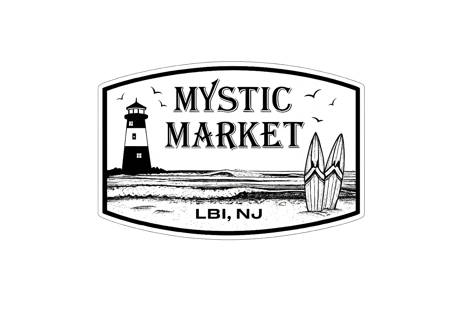 Logo of Mystic Market featuring a lighthouse and surfboards in LBI, NJ