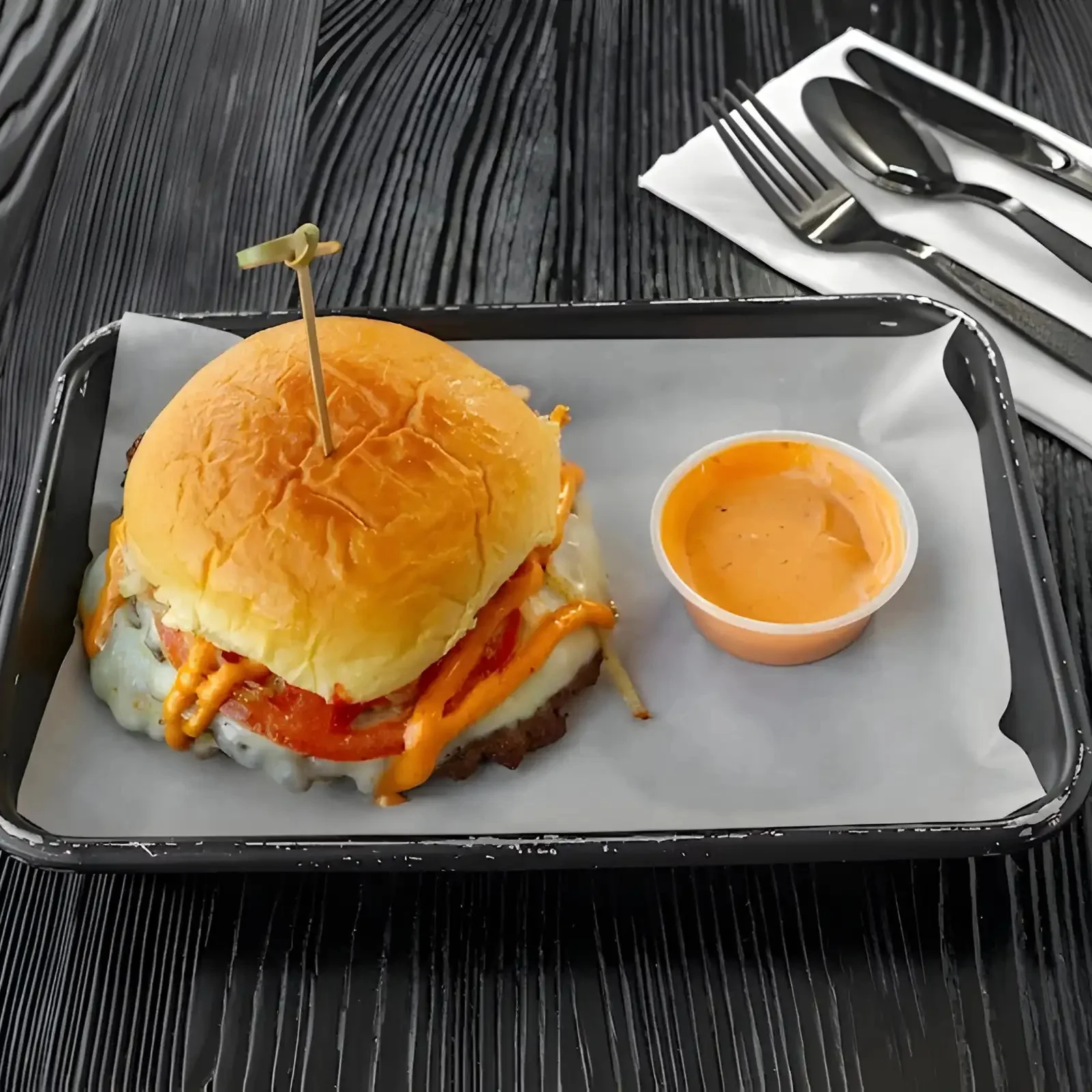 Juicy cheeseburger with spicy sauce on a wooden table