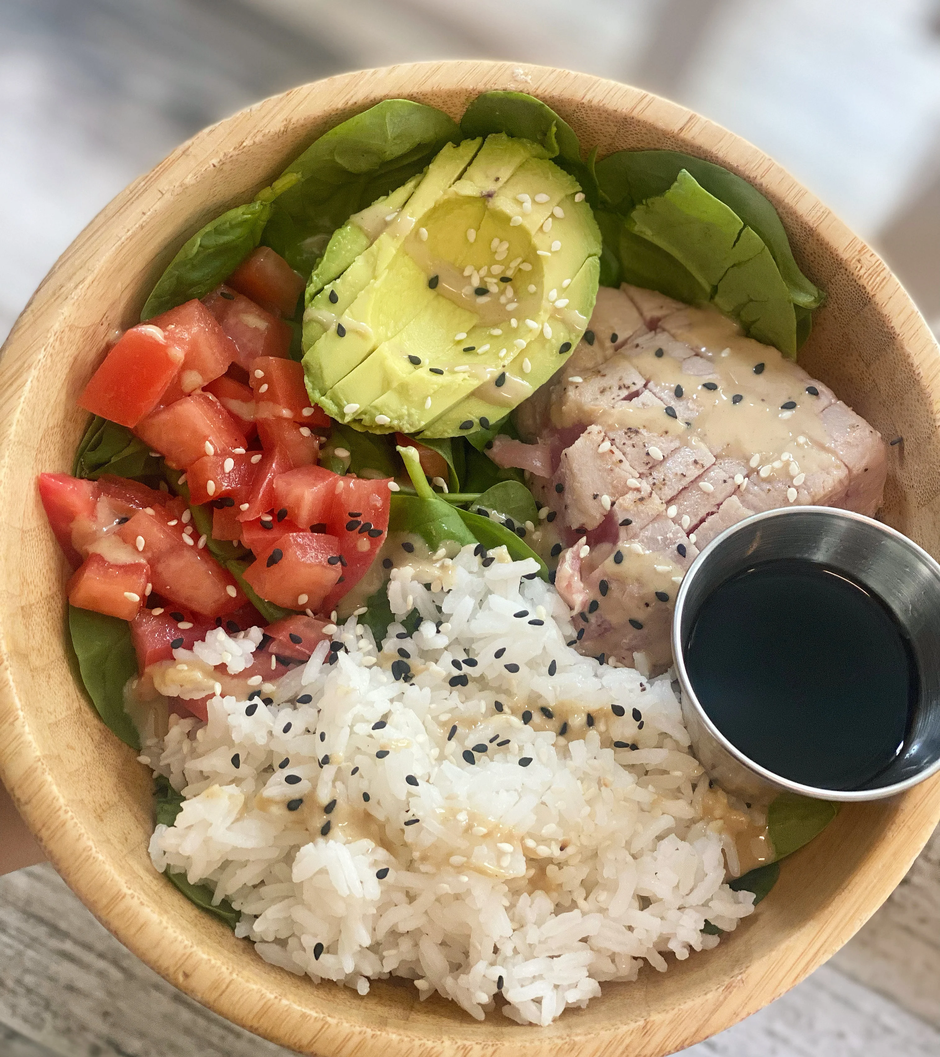 Japanese chirashi bowl with fresh vegetables and rice