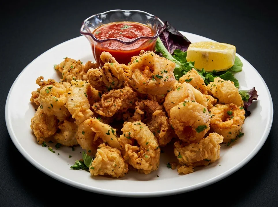 A plate of crispy fried seafood accompanied by marinara sauce, garnished with lettuce and a lemon wedge.