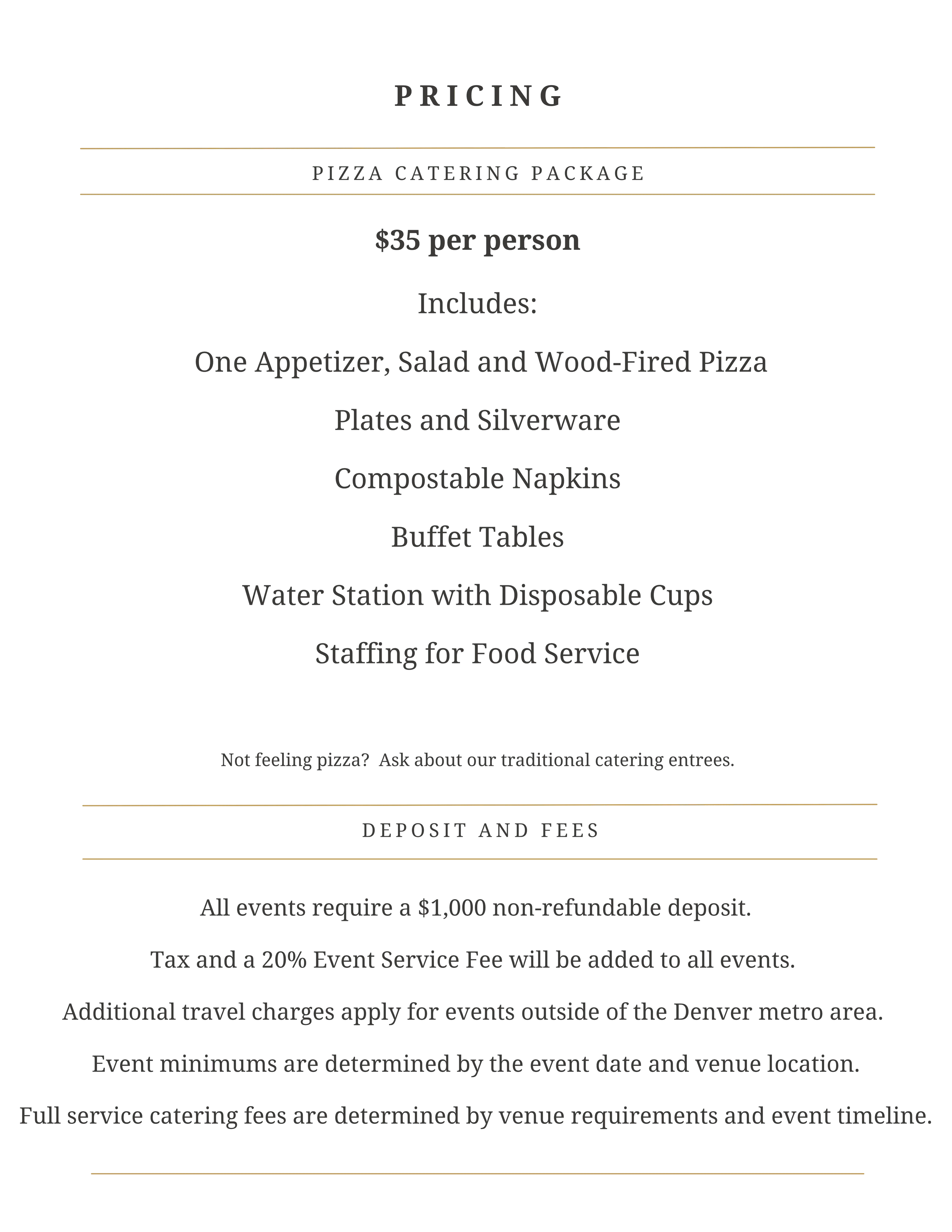 Wildfire Wood Oven Cuisine pizza catering package pricing details.