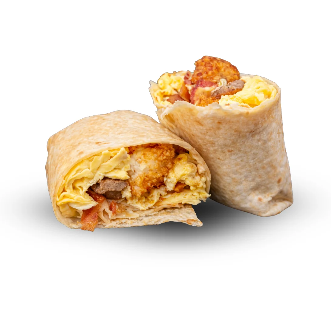 PD Breakfast Burrito – wrapped burrito with eggs, bacon, sausage, tater tots (cheese/avocado optional)