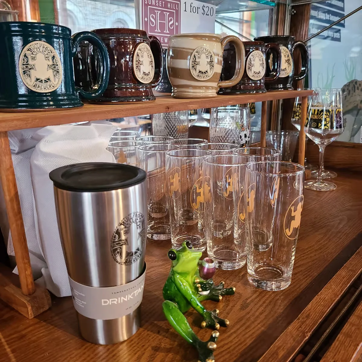 Display of unique drinkware including mugs and glasses
