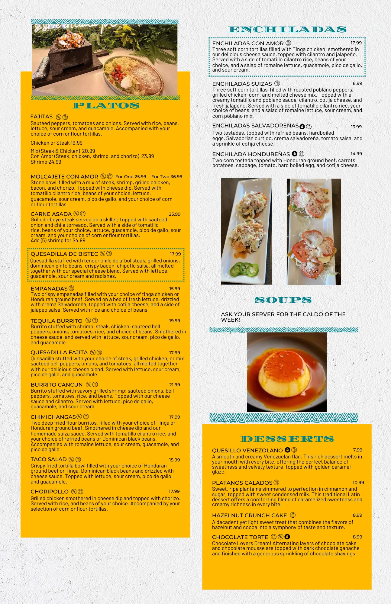Colorful Mexican menu featuring enchiladas, fajitas, and burritos