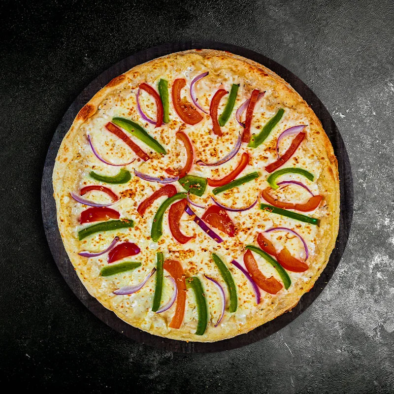 Vegetarian pizza topped with colorful bell peppers and onions