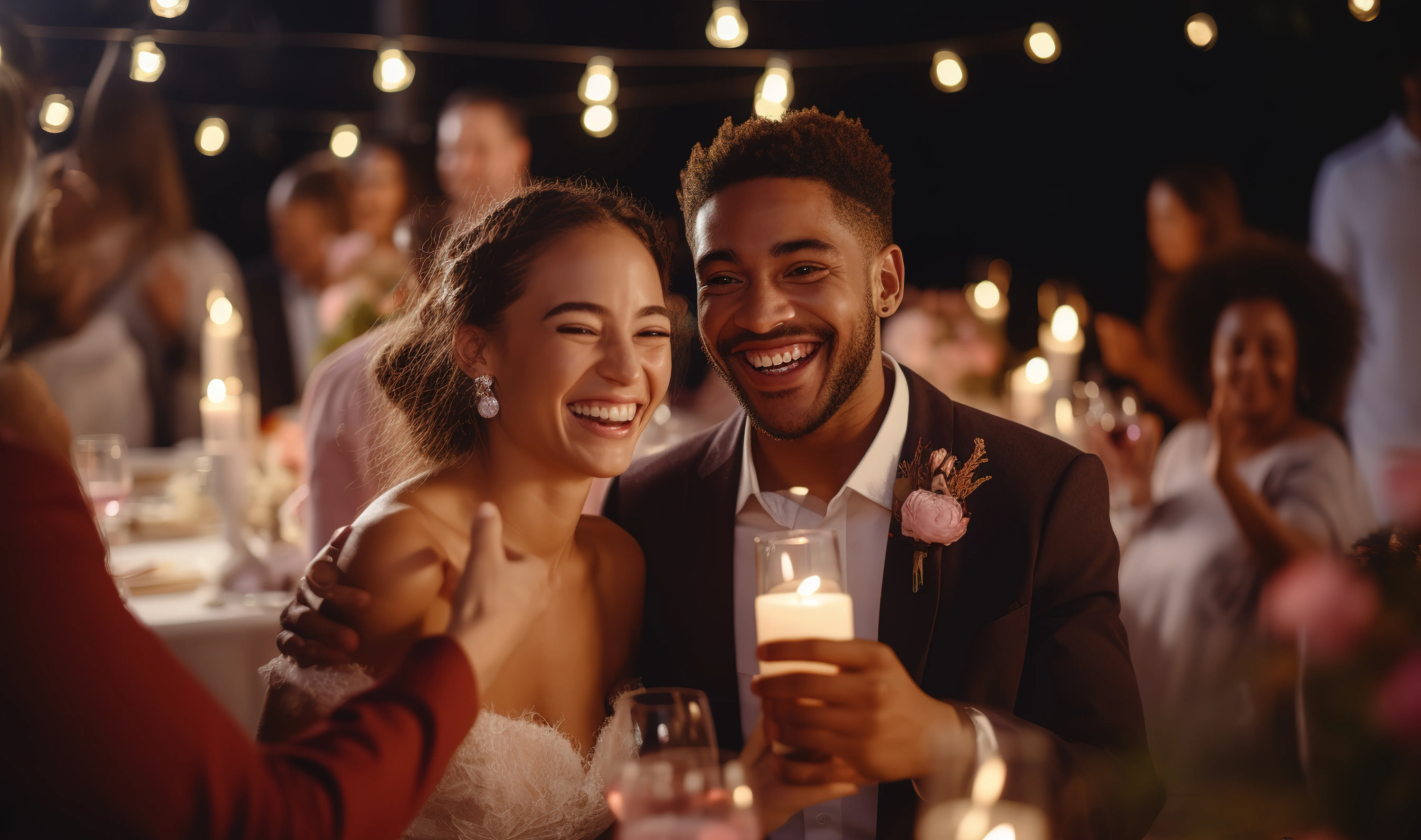 Happy couple celebrating at a wedding reception with candles and decorations.