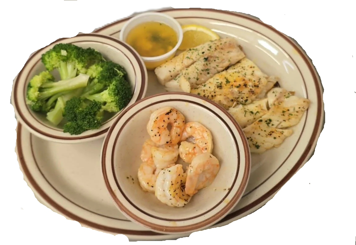 Grilled fish and shrimp platter with broccoli