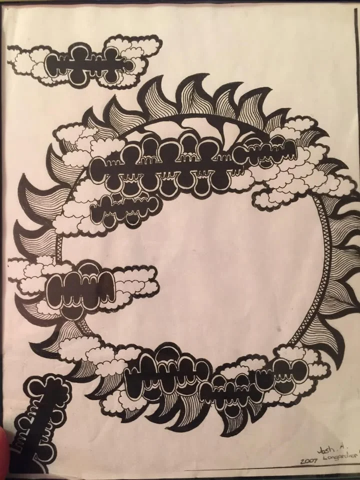 A black and white abstract illustration featuring shapes and clouds arranged in a circular pattern.