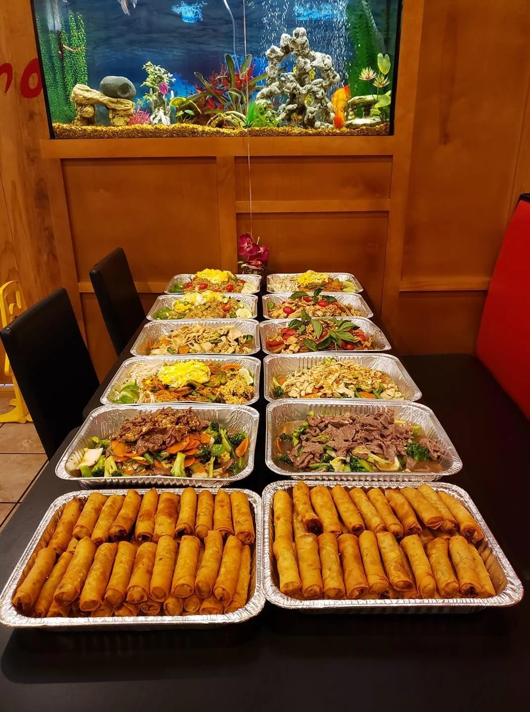 Assorted Vietnamese dishes with spring rolls and stir-fried vegetables