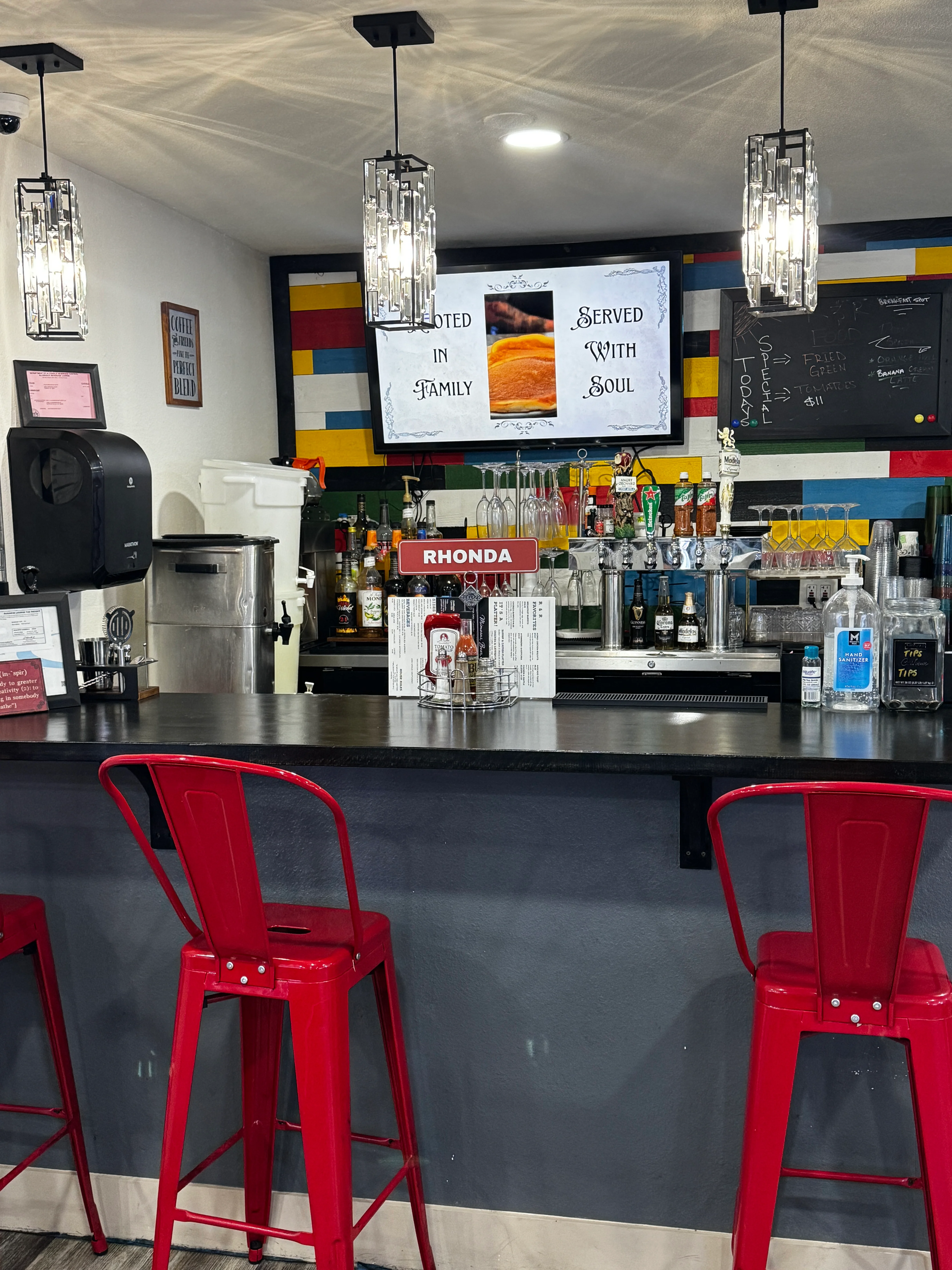 Modern bar interior with colorful decor and stylish lighting