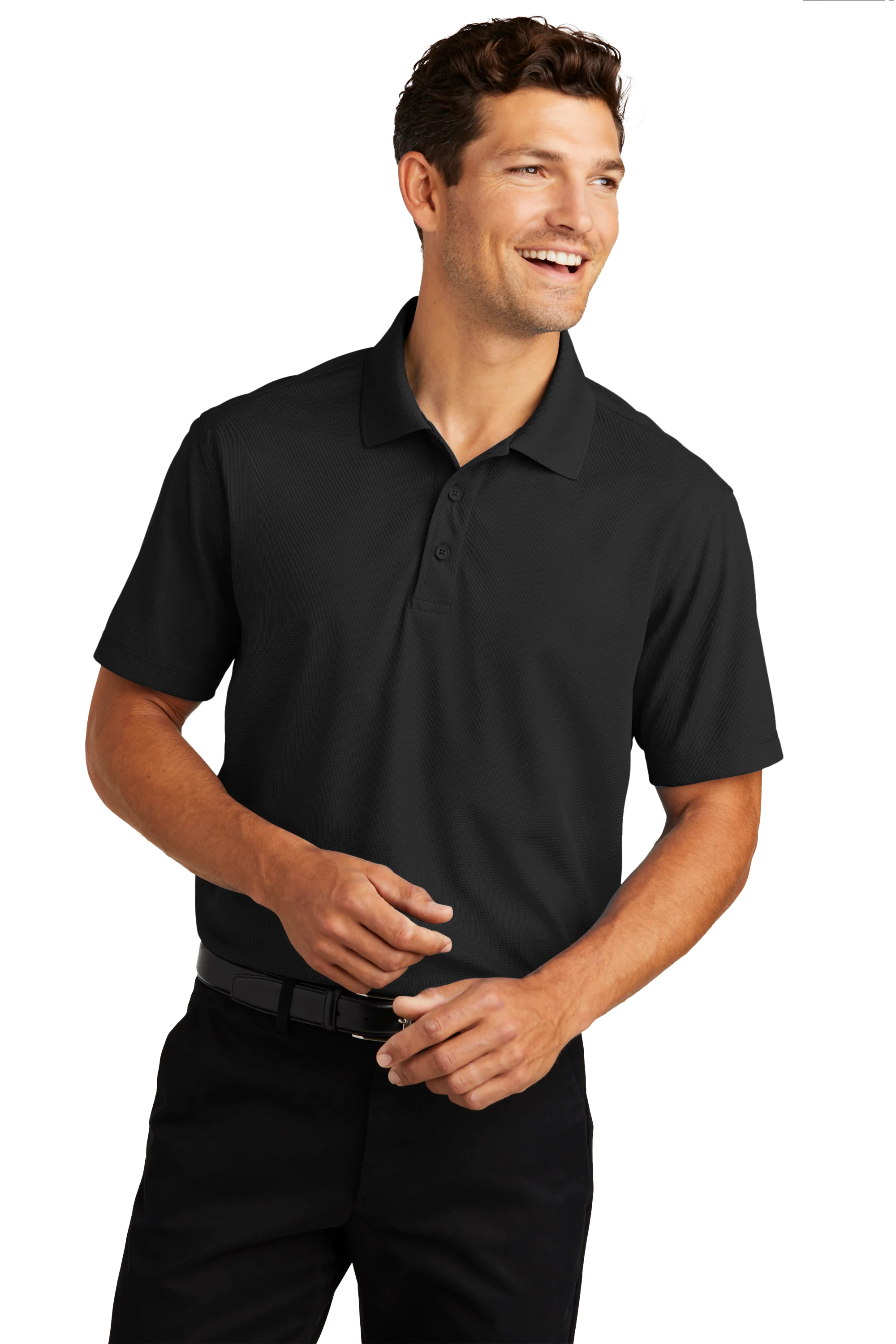Man smiling in a black polo shirt