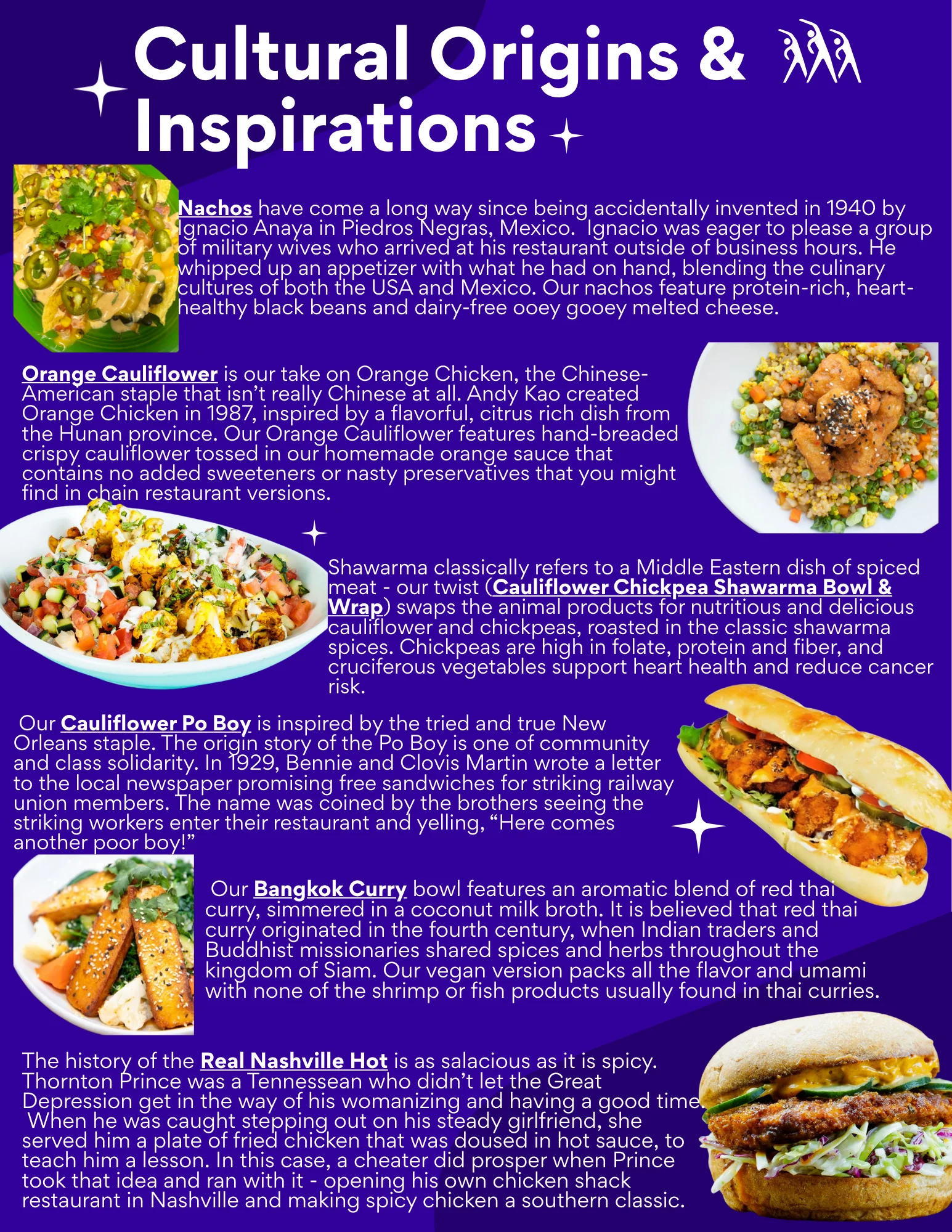 An informative graphic detailing various cultural dishes, including nachos, orange cauliflower, shawarma, and a spicy Nashville Hot chicken. The content highlights their origins and unique twists on traditional recipes.