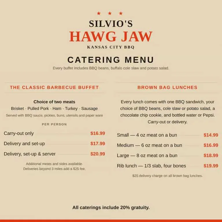 Hawg Jaw catering menu with buffet and brown bag lunch prices