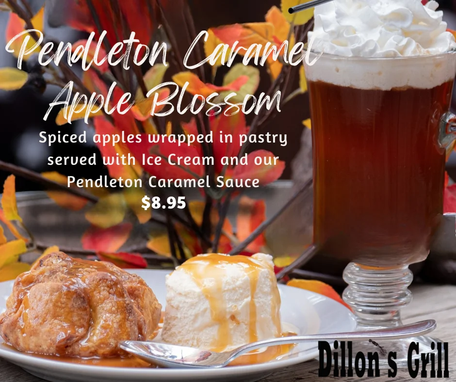 Caramel apple blossom pastry with ice cream and spiced caramel sauce