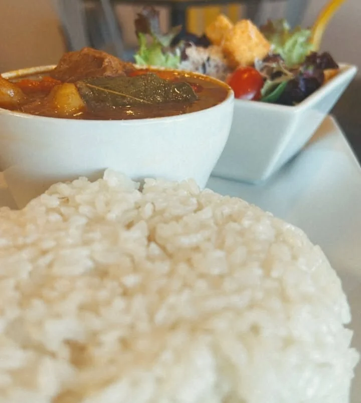Savory Malaysian curry with rice and fresh salad