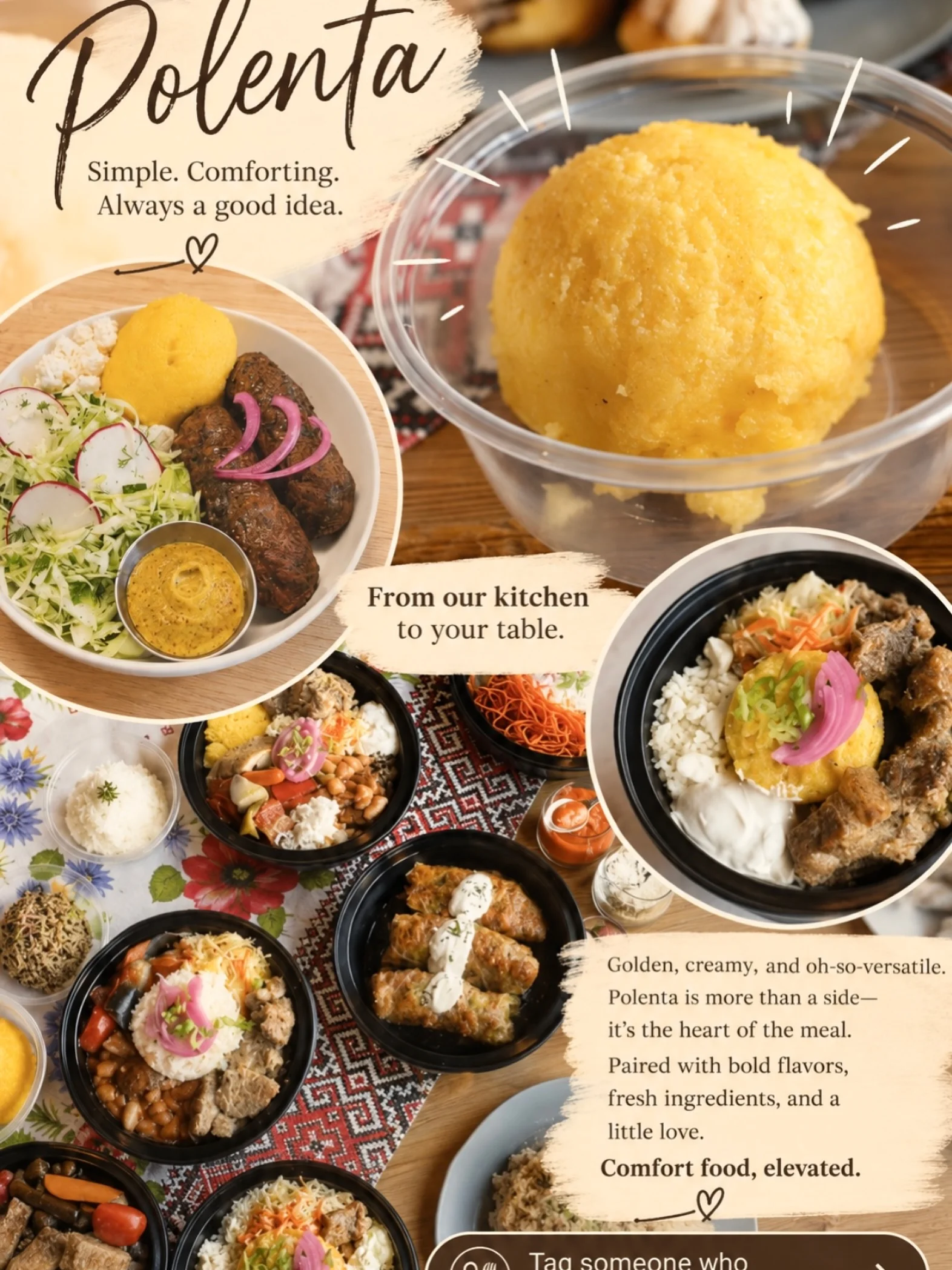 An overhead view of various dishes featuring polenta, including one served with meat and salad, highlighting a variety of flavors and ingredients.