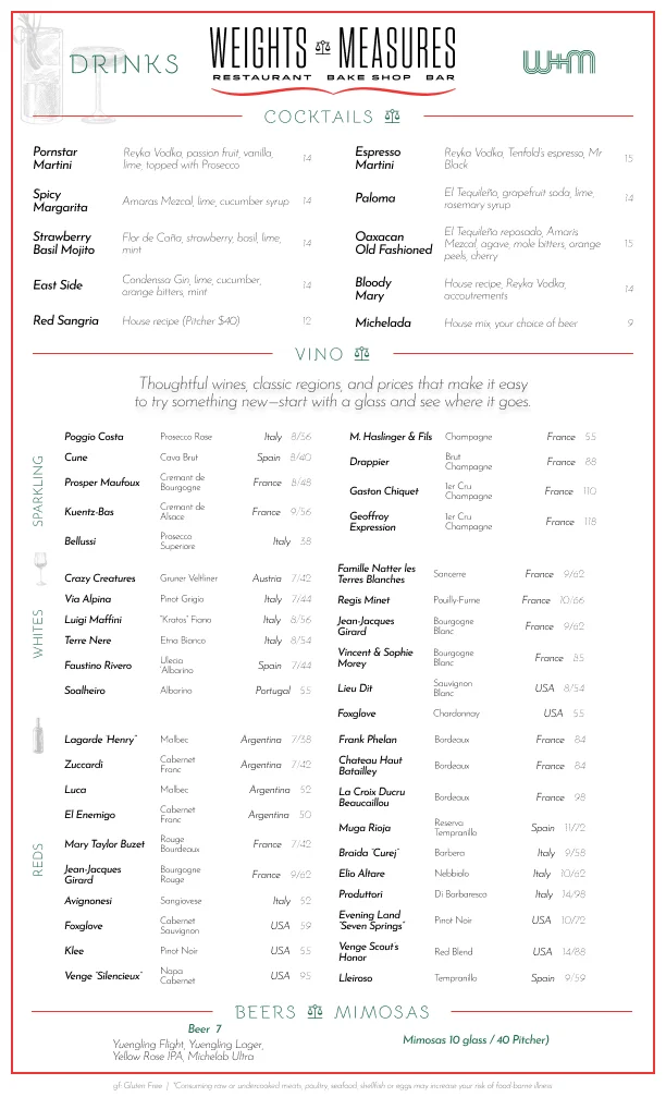 Cocktail menu featuring diverse drinks and wines at a modern bar