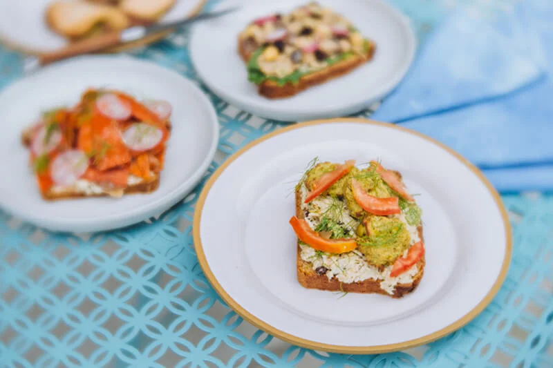 Open-faced Scandinavian smørrebrød with fresh toppings