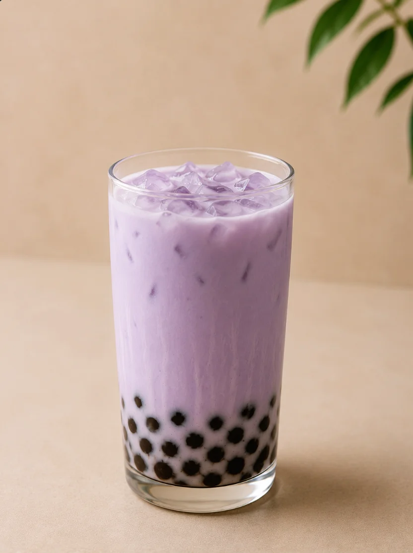 A tall glass of purple drink with ice and black tapioca pearls at the bottom.