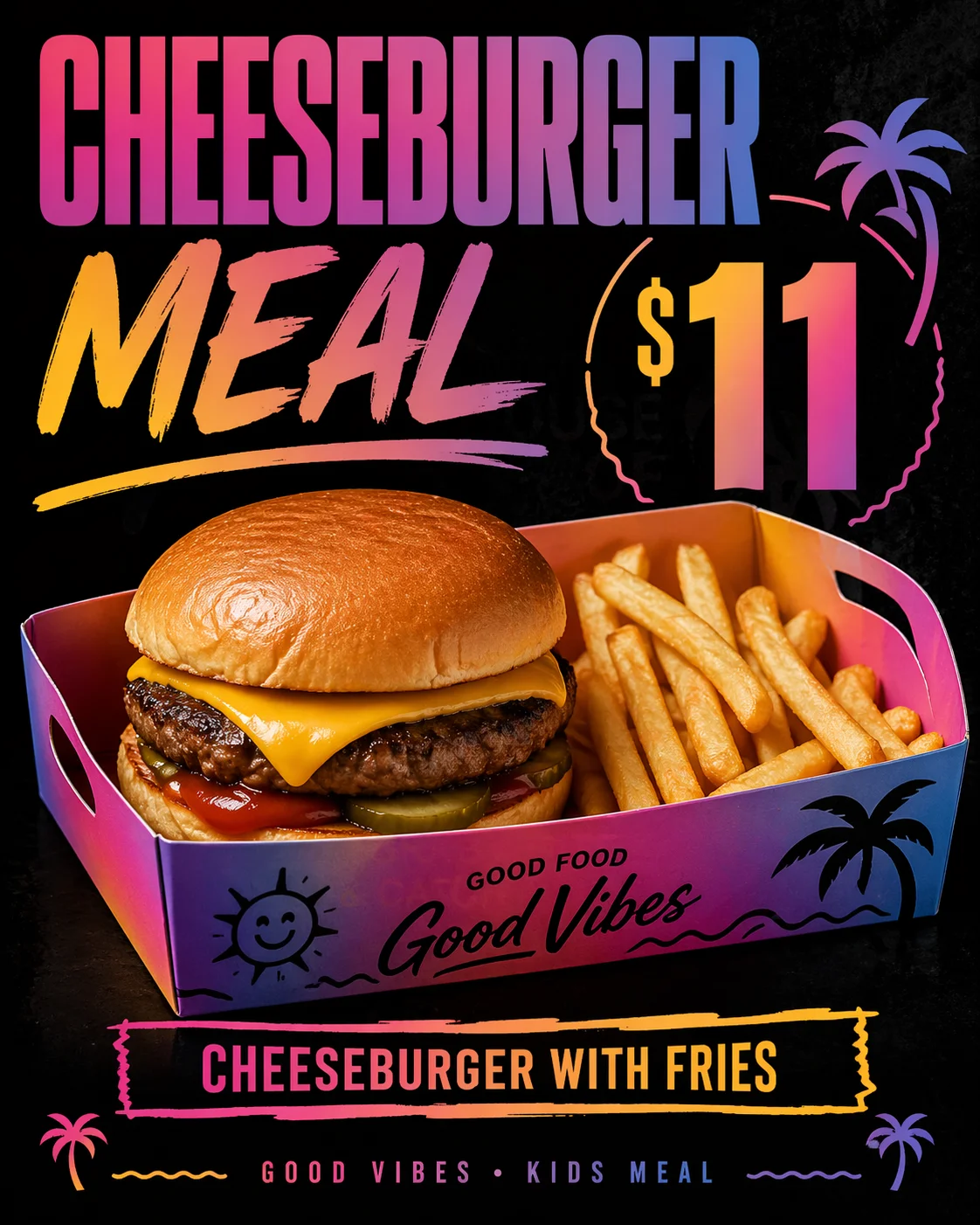 A cheeseburger meal featuring a juicy cheeseburger with melting cheese, accompanied by a side of golden fries in a colorful box.