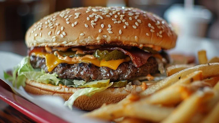 Juicy bacon cheeseburger from Countryside Drive-In, loaded with melted cheddar cheese, crispy bacon, fresh lettuce, ripe tomatoes, pickles, and onions on a toasted sesame-seeded bun. Paired with golden fries and a cold drink, perfect for a classic burger experience.