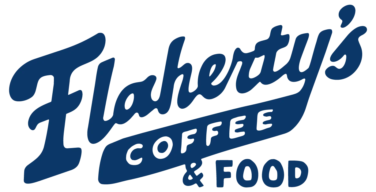 A logo design featuring the text 'Flaherty's Coffee & Food' in a bold, navy font.