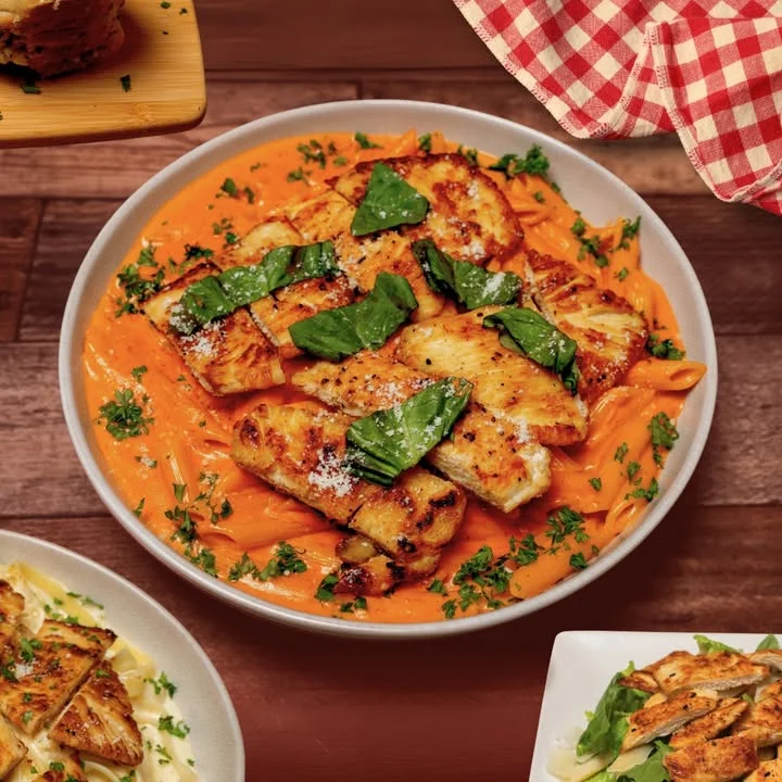 Creamy penne pasta with grilled chicken and fresh basil