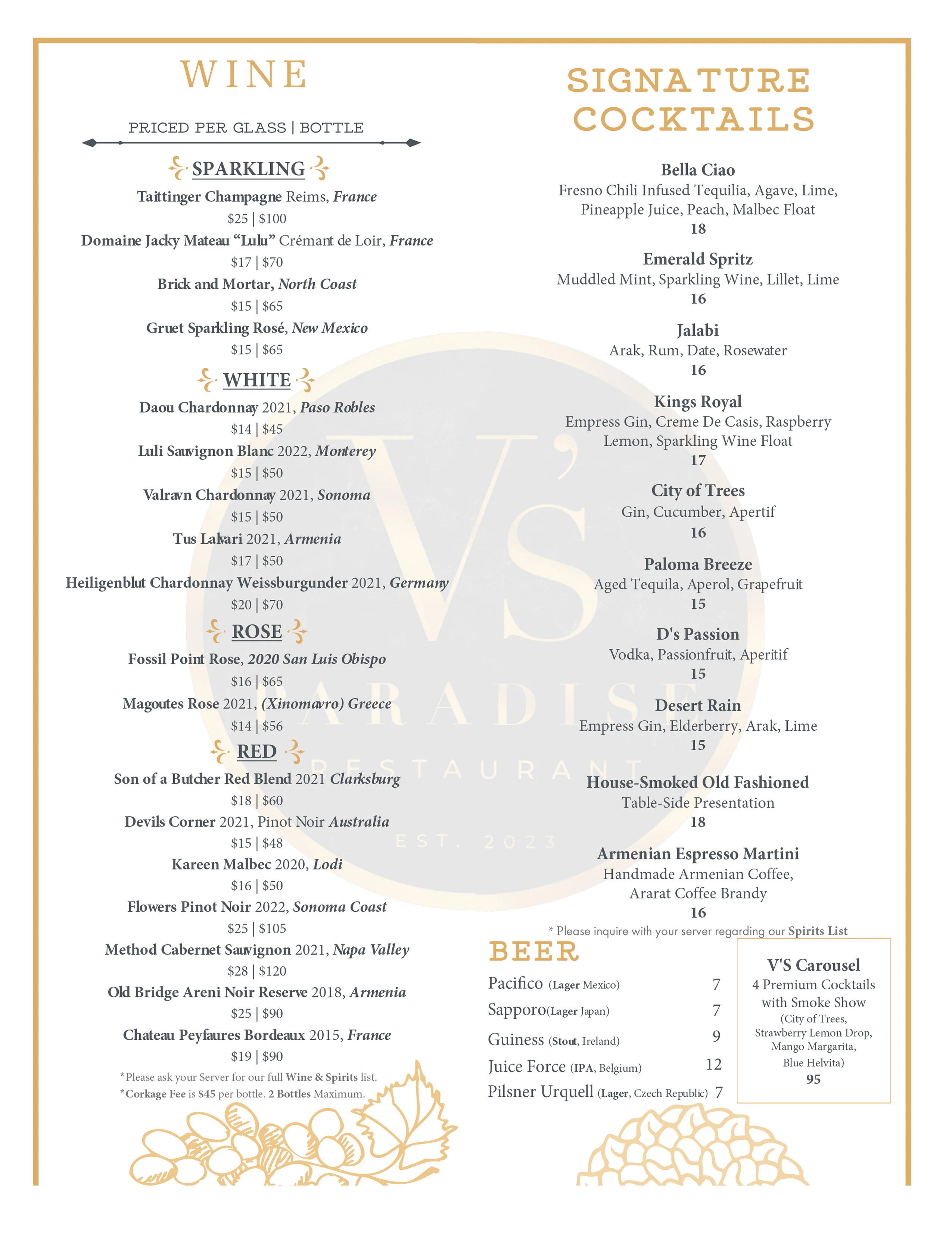 Wine and cocktail menu from a modern restaurant