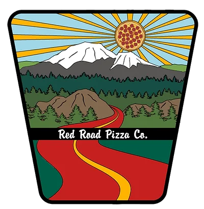 Logo of Red Road Pizza Co. featuring mountains and a sun with pizza.