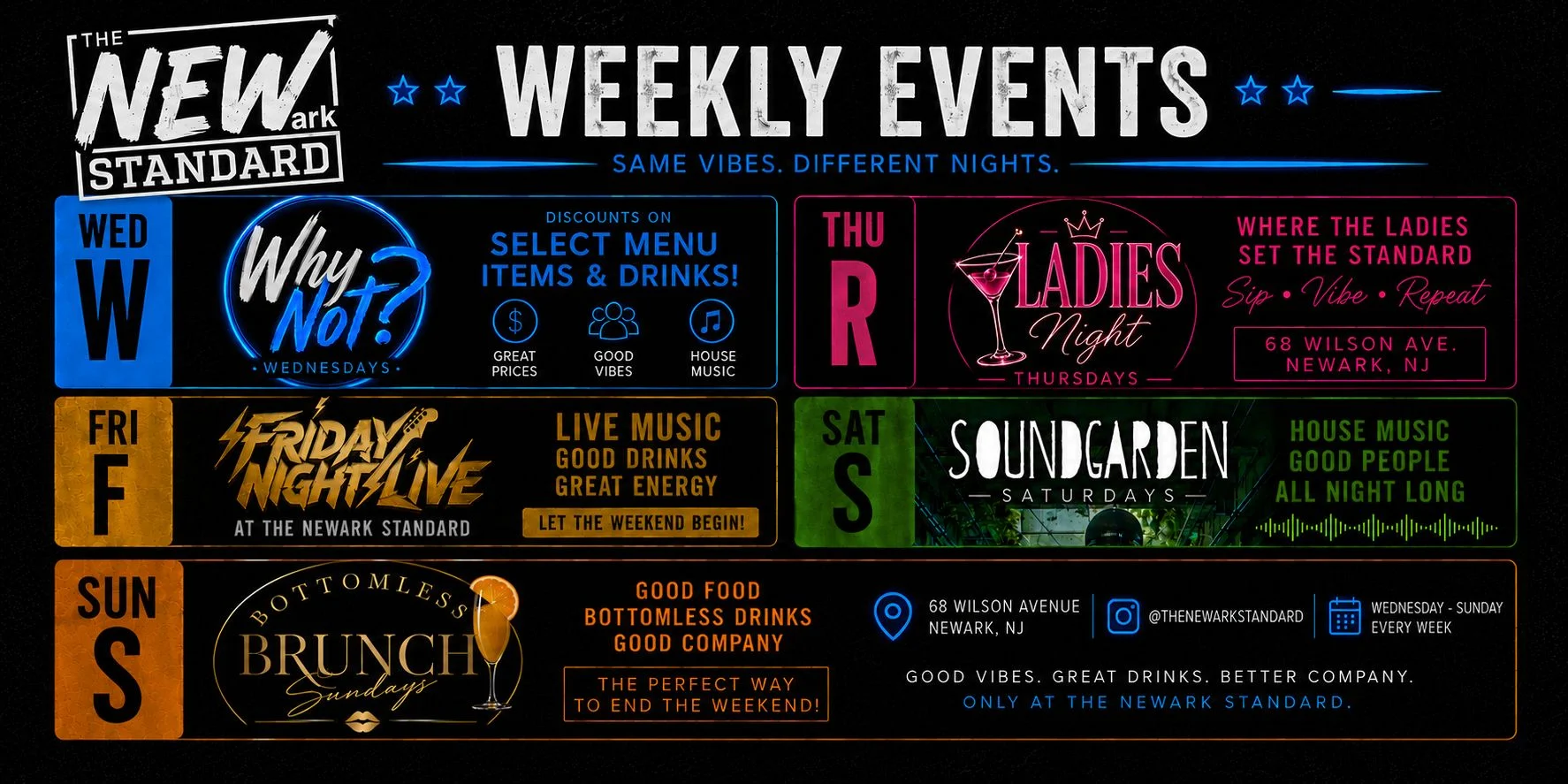 Weekly events schedule at The New Standard restaurant in Newark, NJ