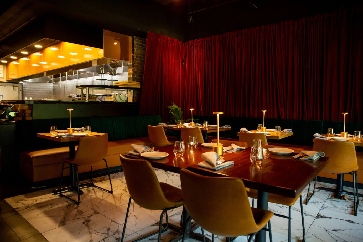 Cozy restaurant interior with warm lighting and elegant decor