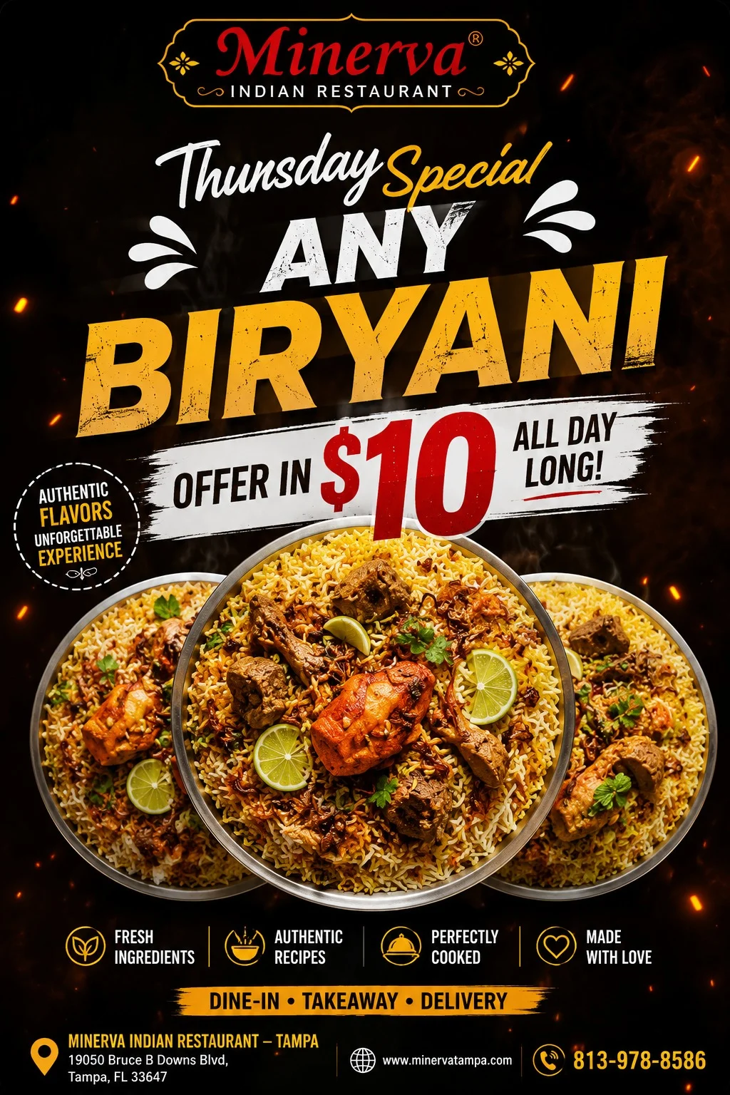Plate of Indian chicken curry with naan and fried rice