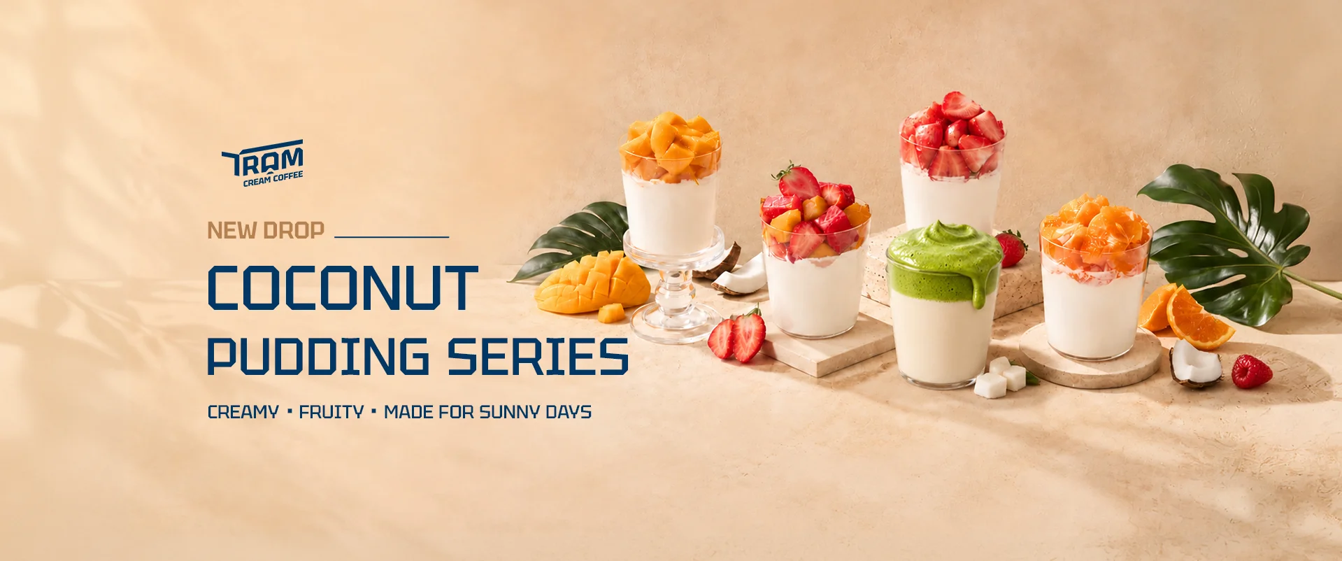 Coconut pudding series featuring tropical flavors in elegant glassware