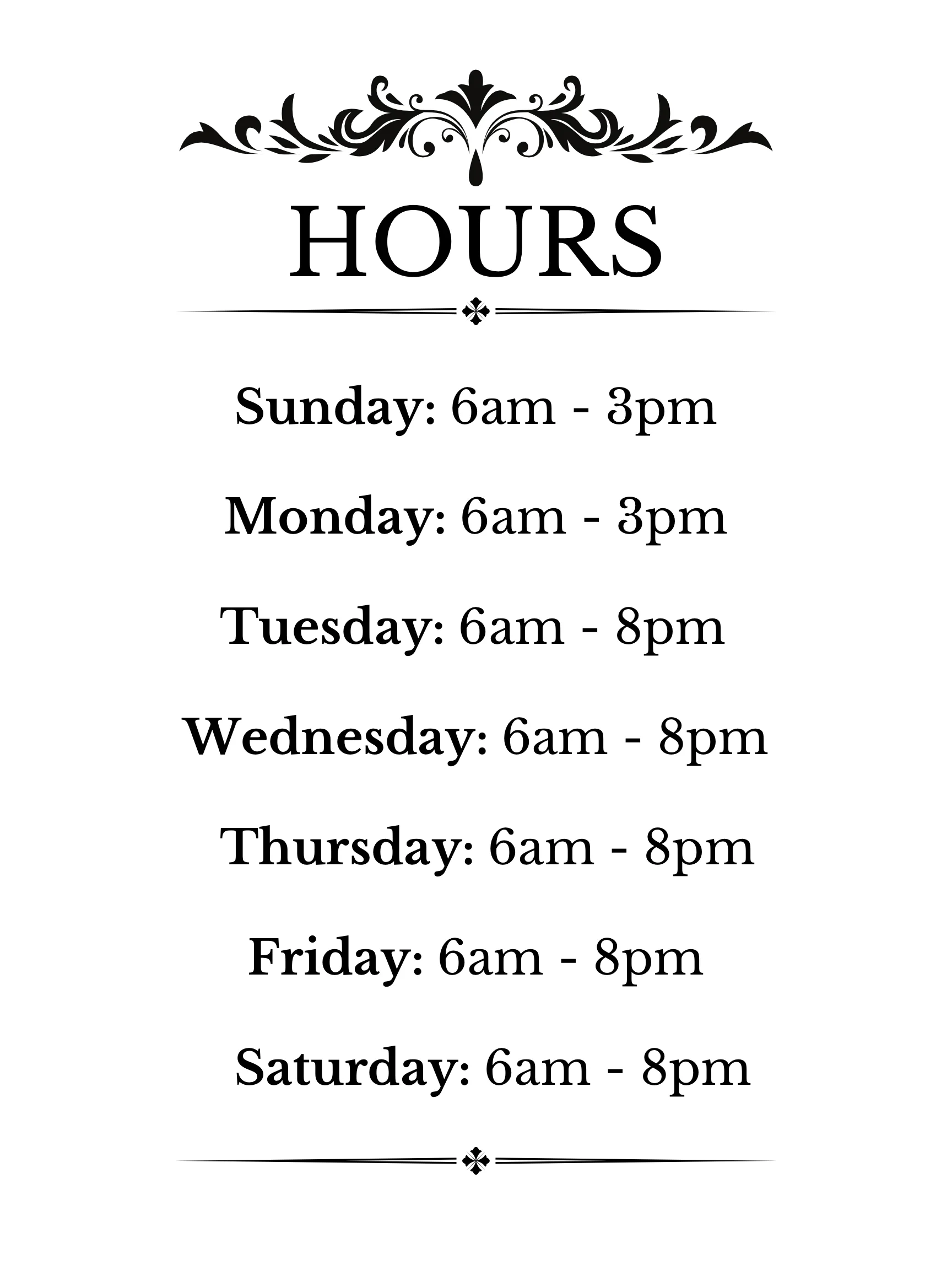 Restaurant hours of operation displayed elegantly