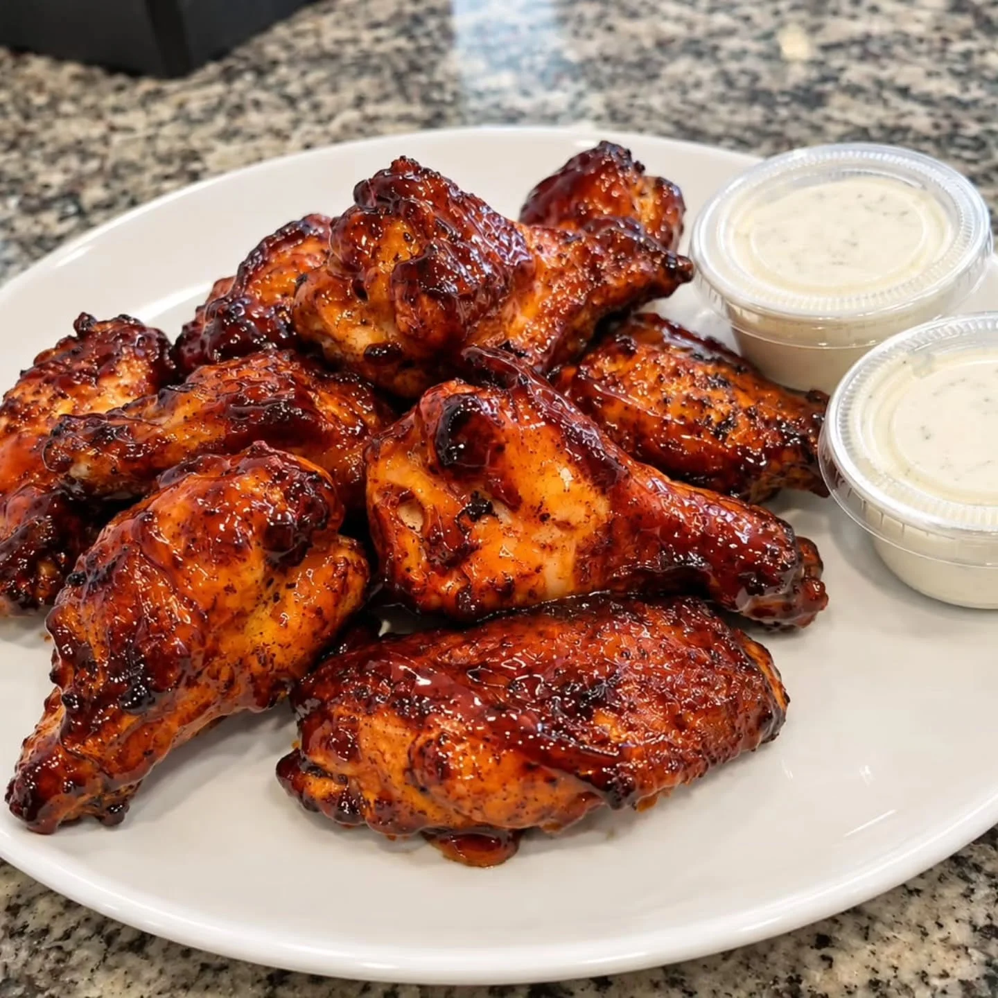 Glazed chicken wings with creamy dipping sauces on a plate